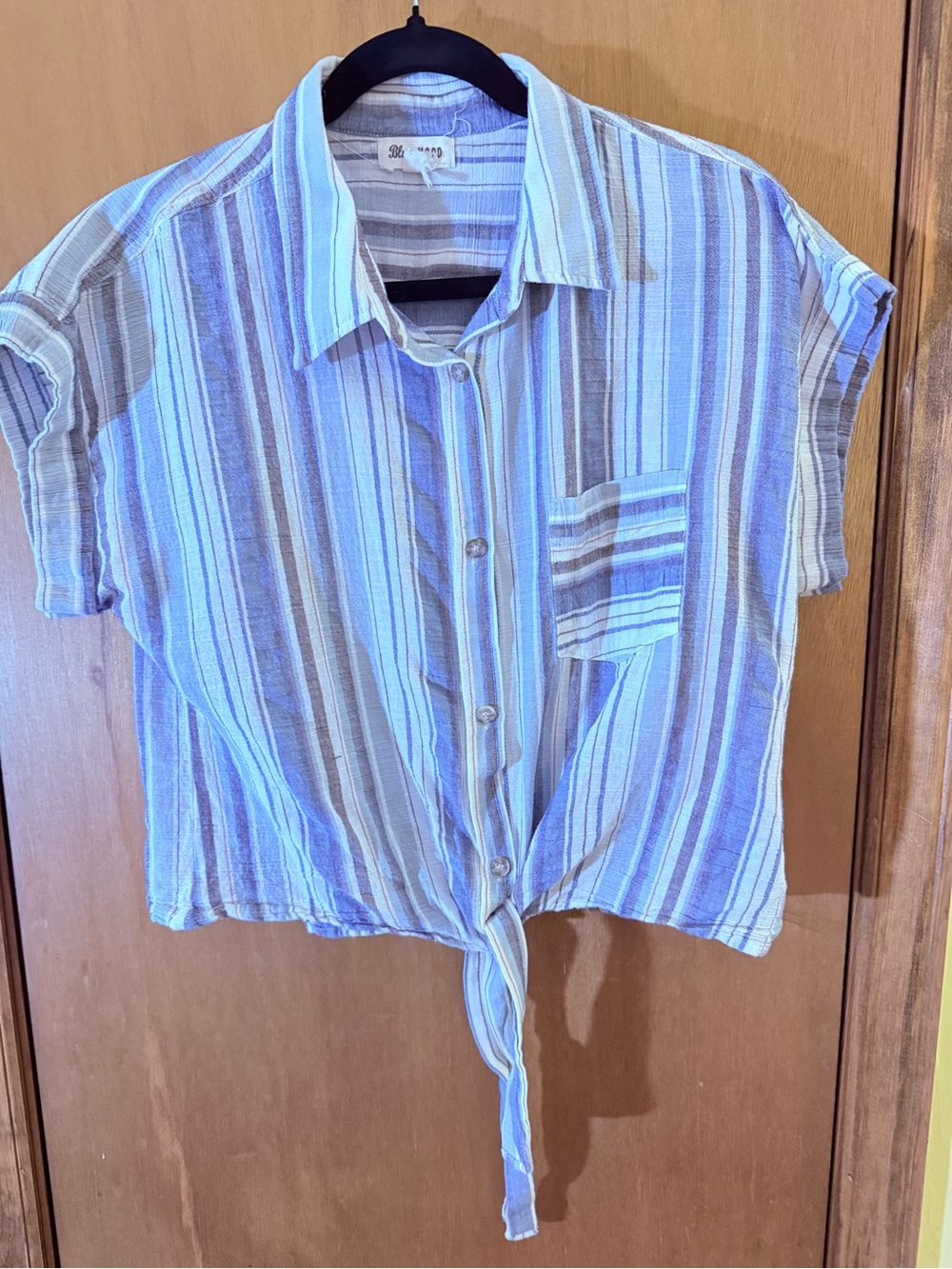 Striped Tie-Front Button Down Shirt - Blue & White - Picture 1 of 5